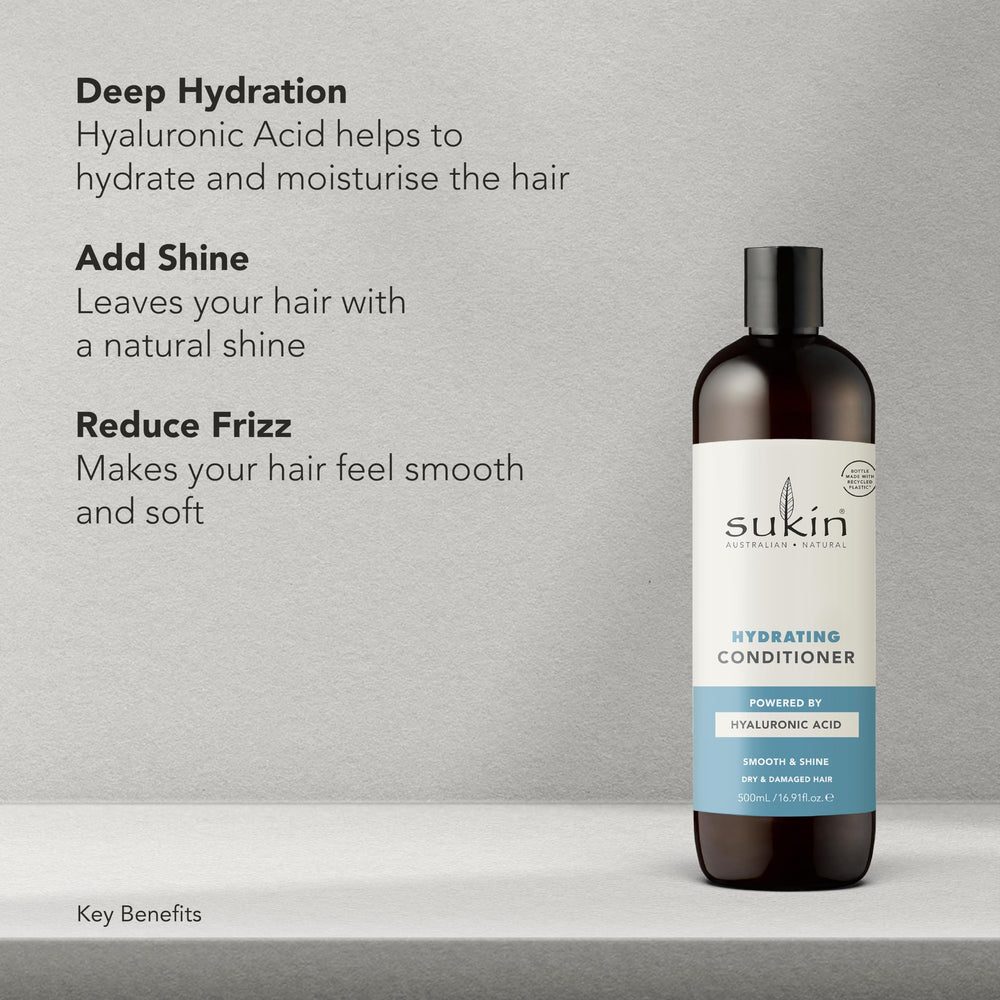 Sukin conditioner open cap with ingredient callouts emphasizing natural oils