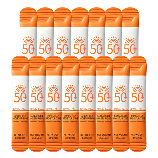 Sulily front packet display showing compact SPF 50+ convenience