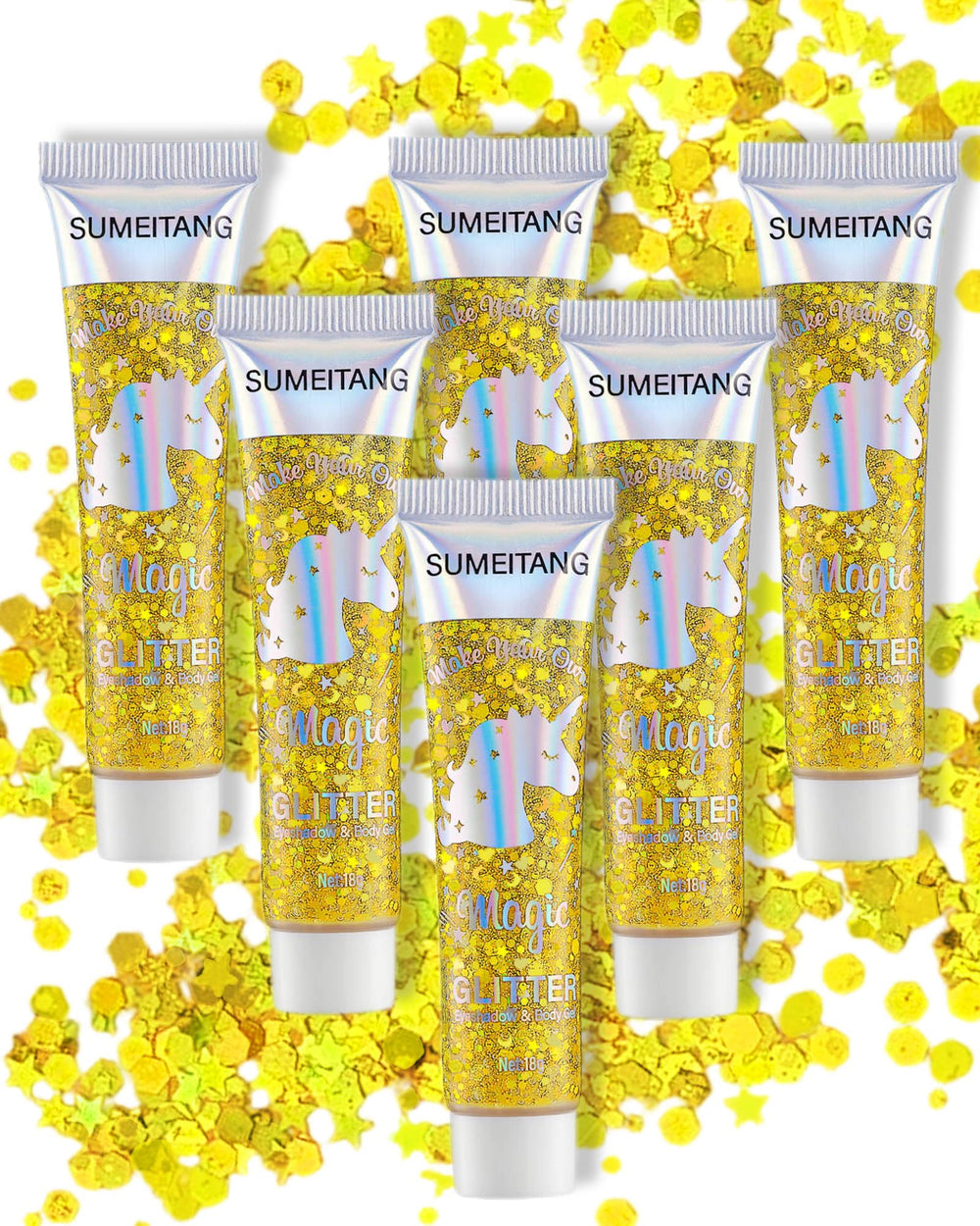 SUMEITANG front packaging showing six gold glitter gel pots, festival-ready sparkle
