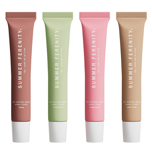 Summer Ferenity front packaging showing four tinted lip balms and instant moisture