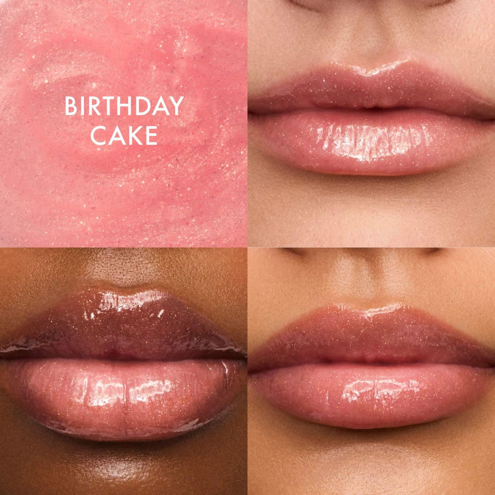 Summer Fridays Strawberry Soft Serve swiped on lips for fresh pink tint and shine