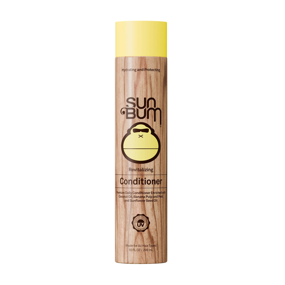 Sun Bum conditioner bottle front view showing 10 oz packaging and clear benefits