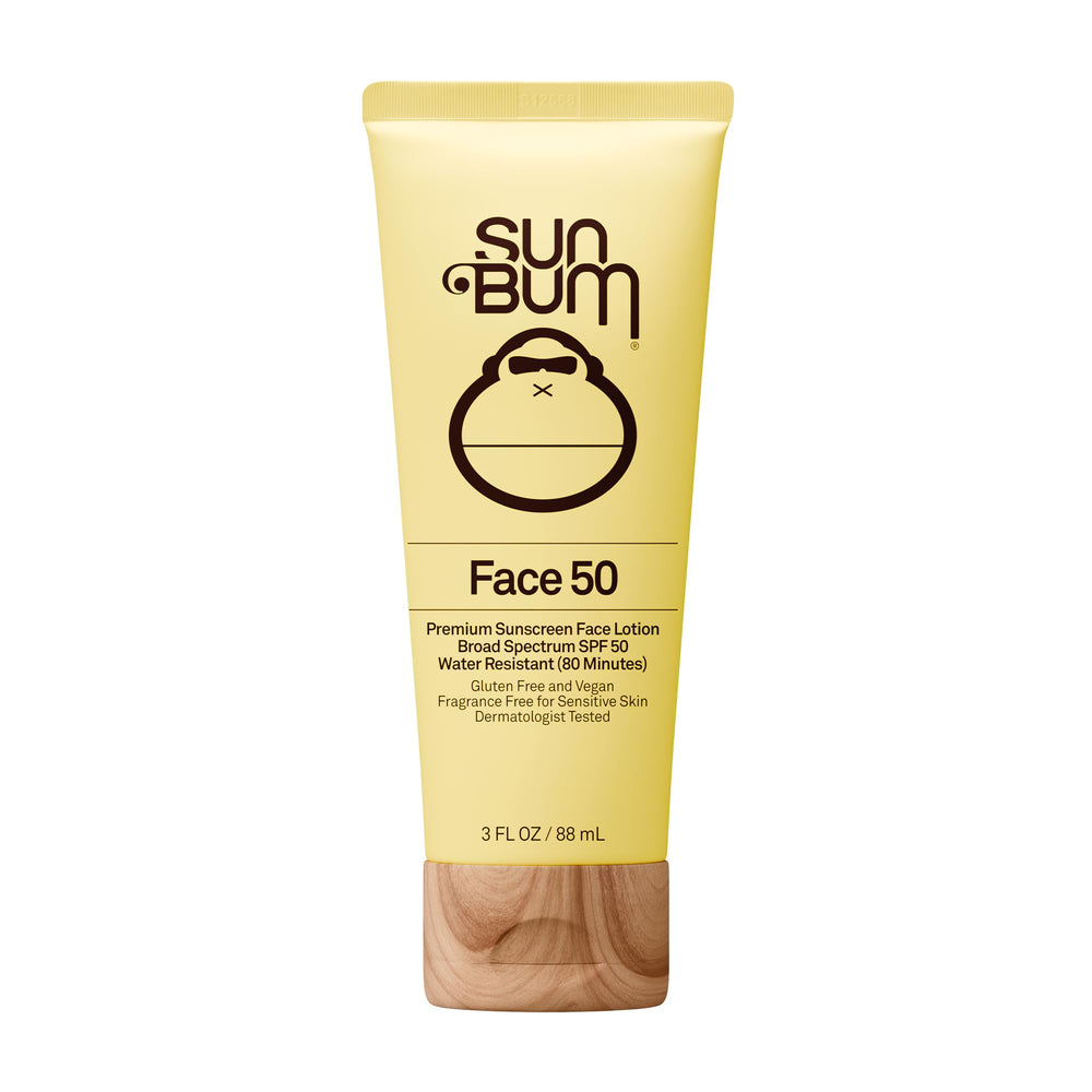 Sun Bum front packaging of SPF 50 face lotion showing tube and branding benefit travel-friendly