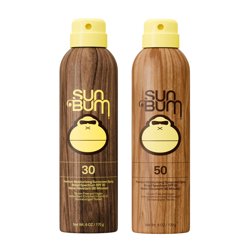 Sun Bum front packaging showing SPF 30 and SPF 50 two-pack and benefits