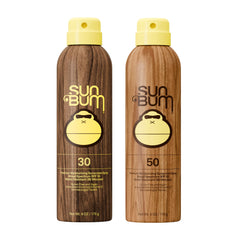 Sun Bum front packaging showing SPF 30 and SPF 50 two-pack and benefits