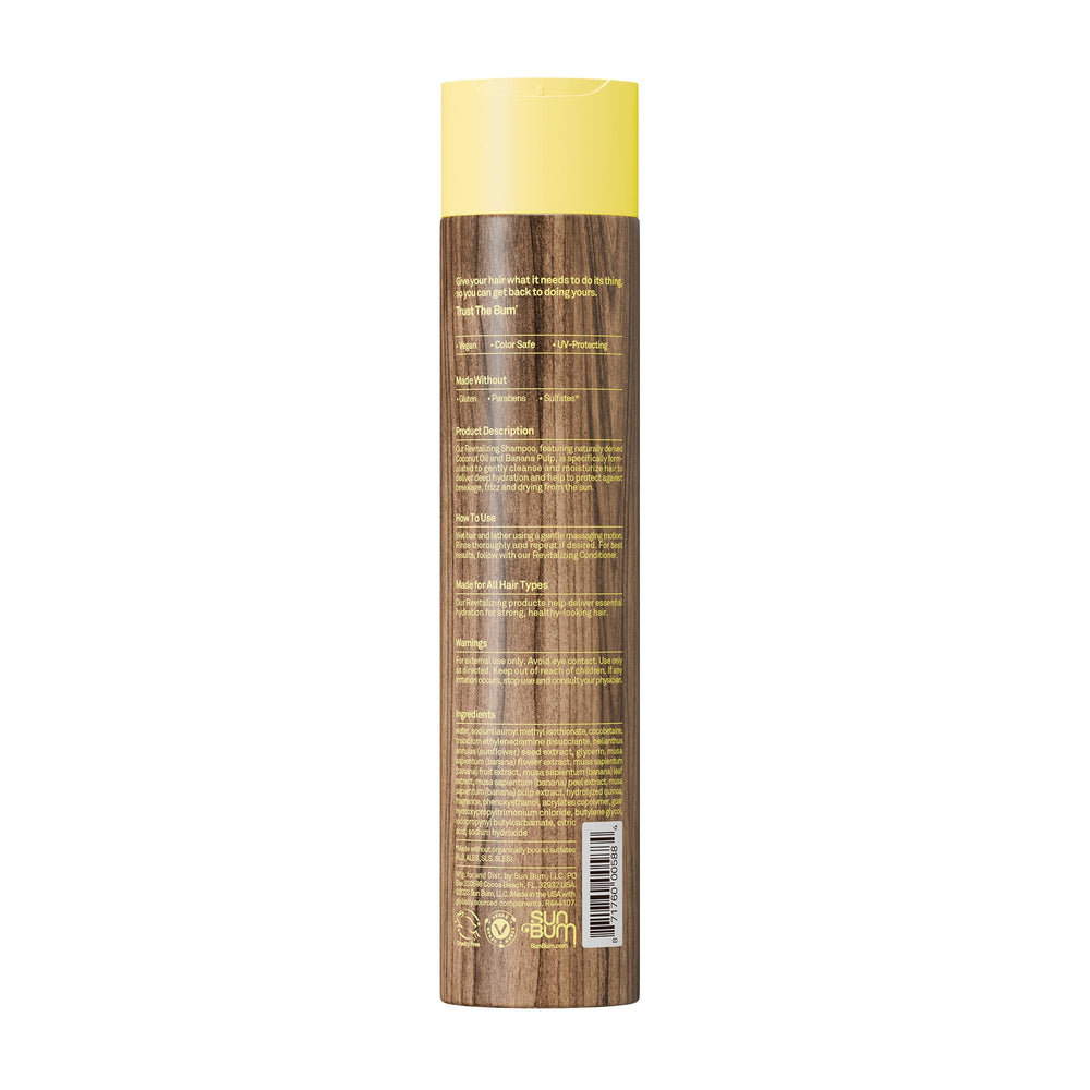Sun Bum product label highlighting banana and coconut ingredients for nourishment