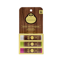 Sun Bum front packaging showing three tropical lip balm tubes and SPF benefits
