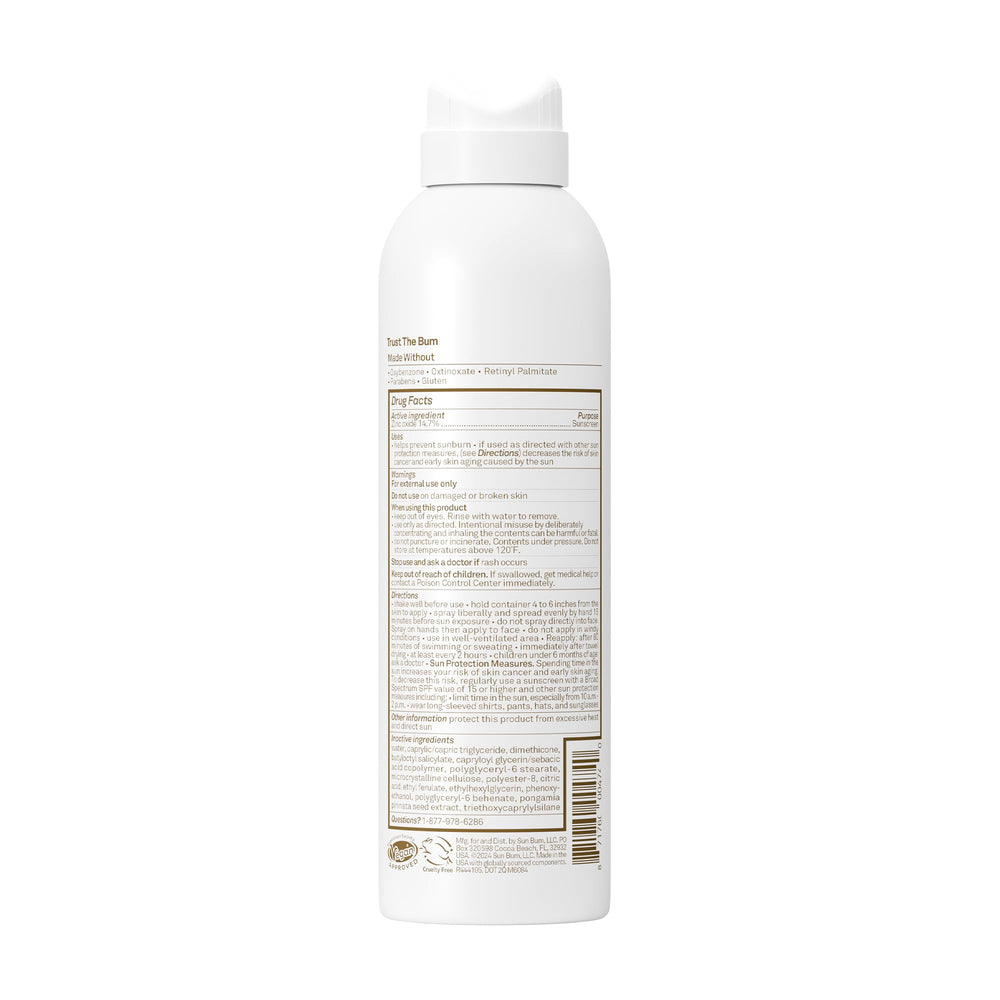 Sun Bum mineral sunscreen label detail highlighting zinc oxide and vitamin E for reef-friendly protection