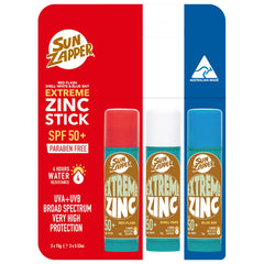 Sun Zapper three-stick pack front view showing colors and packaging benefit: easy identification
