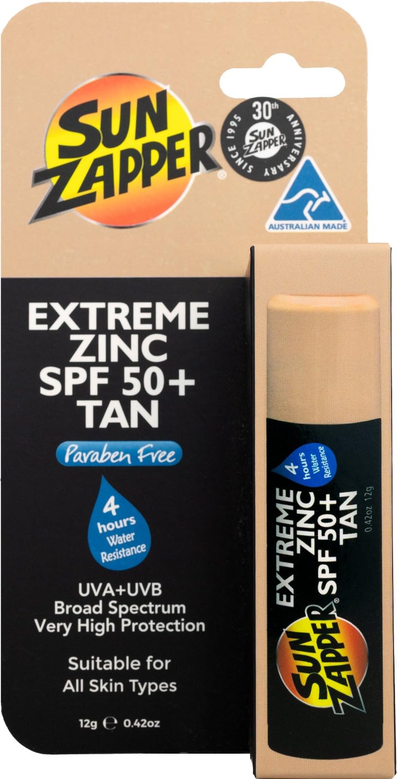 Sun Zapper front packaging showing stick and SPF 50+ protection benefit