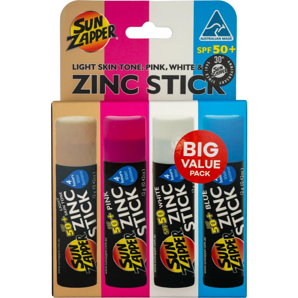 Sun Zapper front pack showing four SPF 50+ sticks and family-ready design benefit