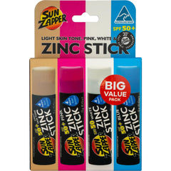 Sun Zapper front pack showing four SPF 50+ sticks and family-ready design benefit