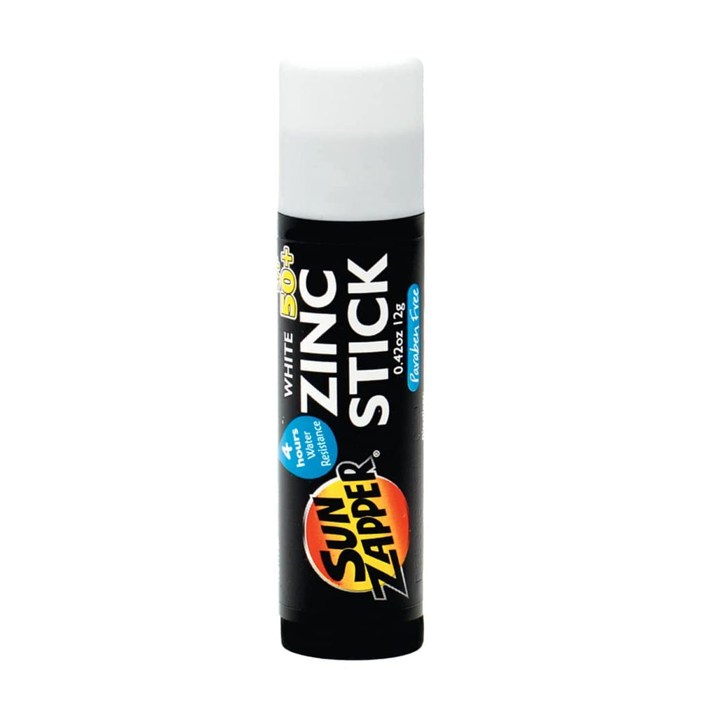 Sun Zapper front packaging showing white zinc stick and SPF benefit