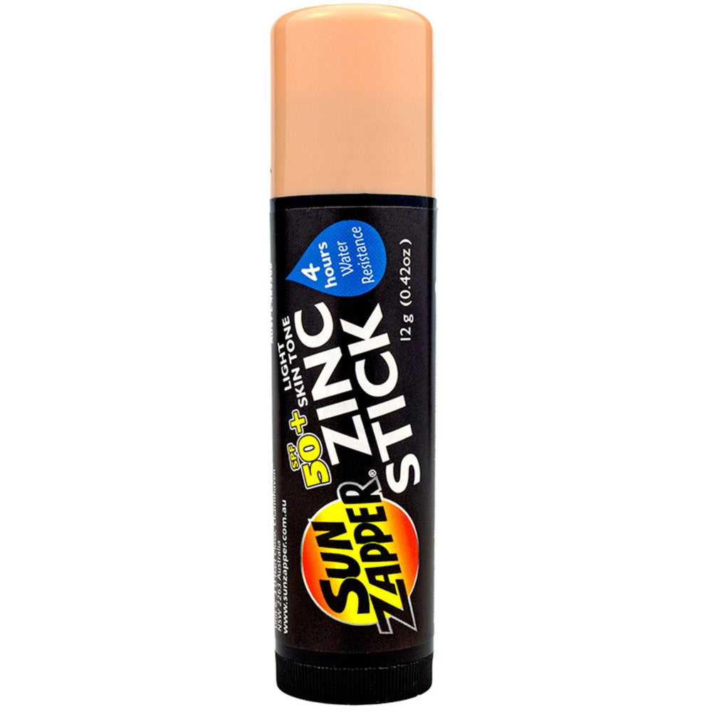 Sun Zapper stick front view showing compact travel packaging and SPF protection