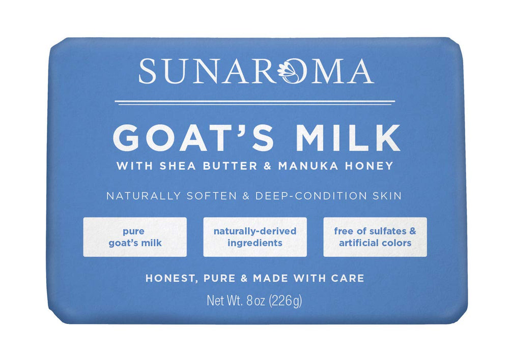 SUNAROMA front packaging showing goat's milk soap and benefits