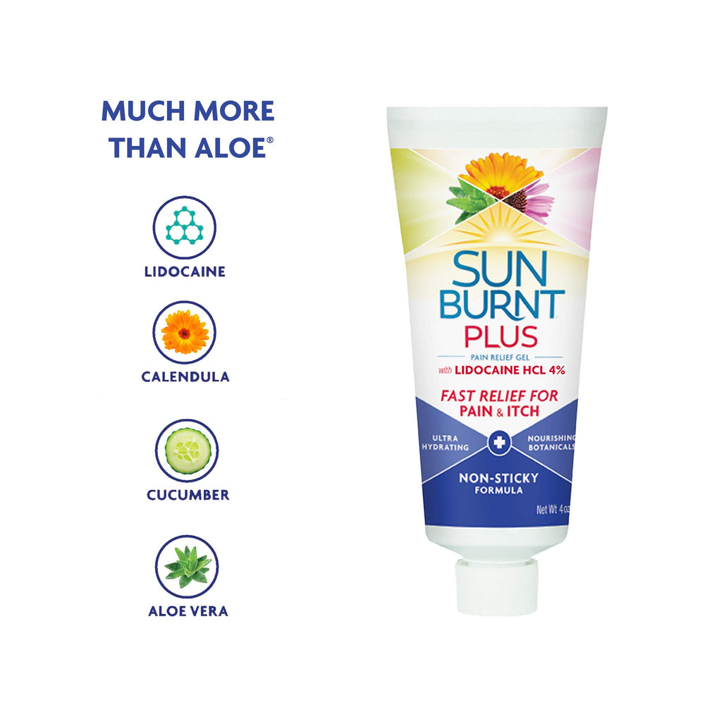 Sunburnt brand display of aloe calendula and echinacea highlighting soothing botanicals