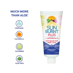 Sunburnt brand display of aloe calendula and echinacea highlighting soothing botanicals