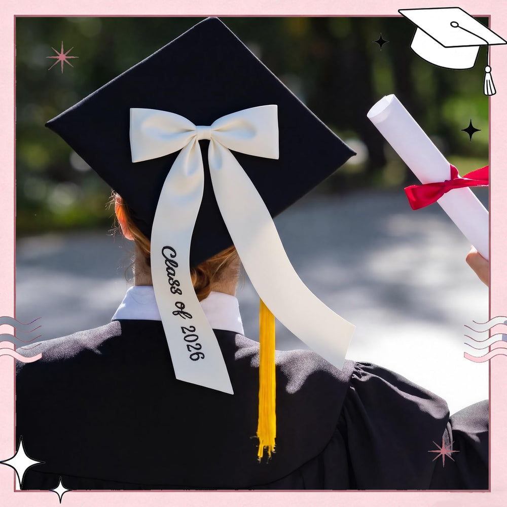 Suncalla bow mounted on mortarboard offering a refined graduation look