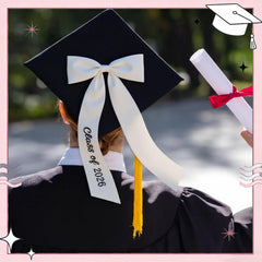 Suncalla bow mounted on mortarboard offering a refined graduation look
