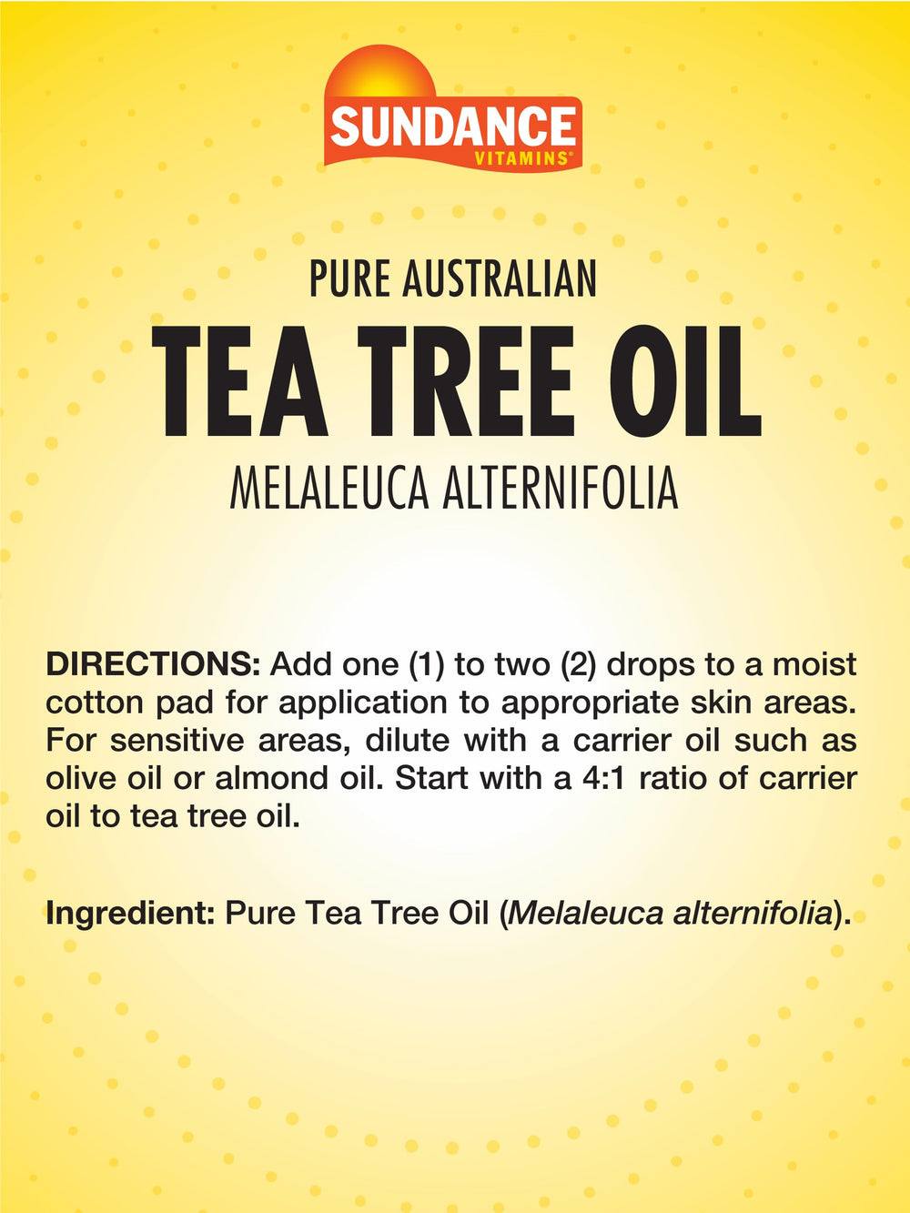 Sundance tea tree oil dropper dispensing a drop, close-up showing precise application benefit