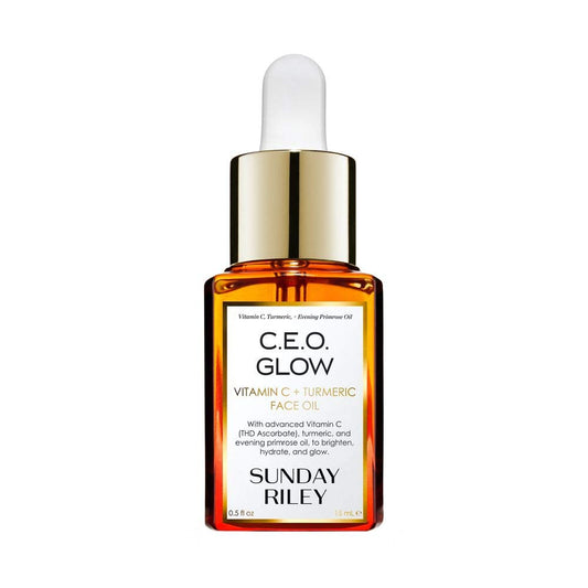 Sunday Riley C.E.O. Glow front bottle showing label and size, showcasing brand radiance