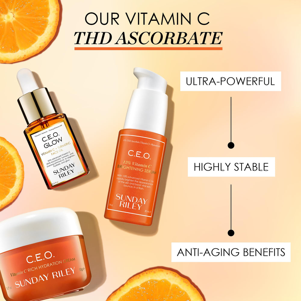 Sunday Riley C.E.O. next to a standard skincare bottle, indicates product size and scale