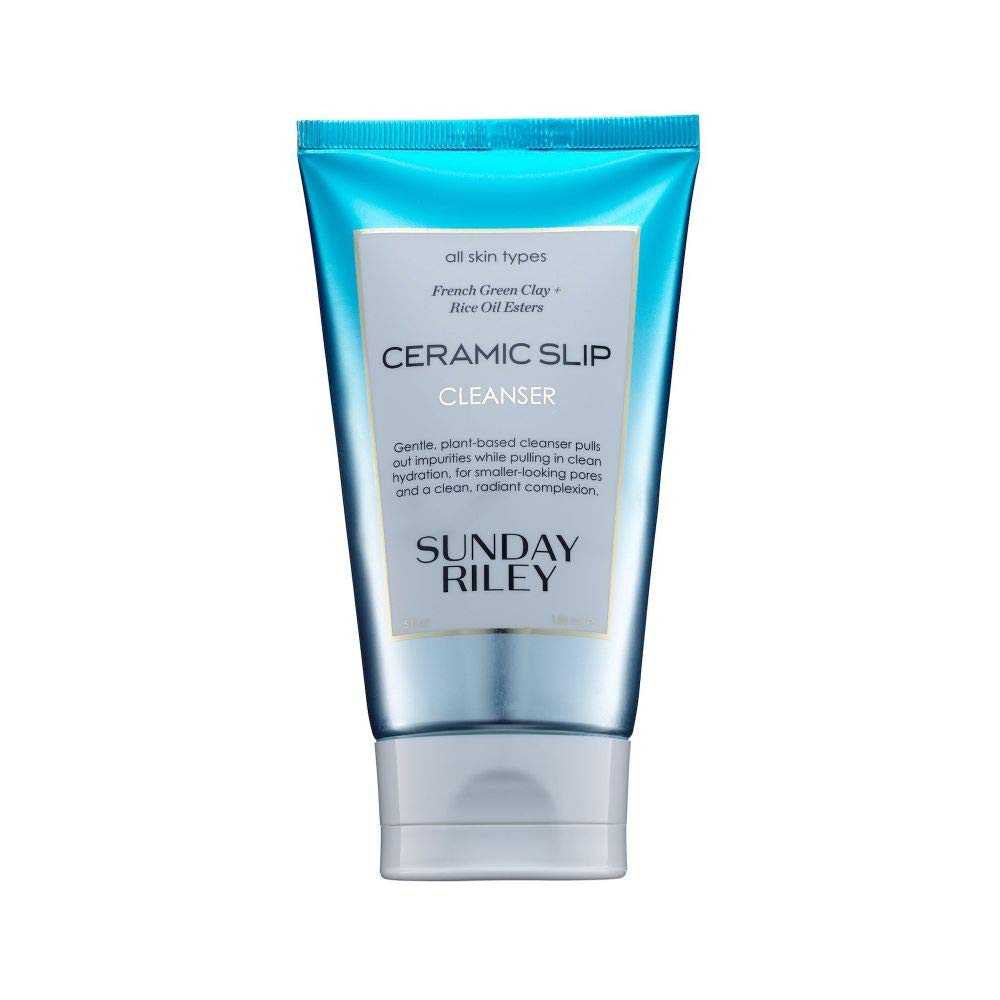 Sunday Riley bottle front view showing Ceramic Slip cleanser benefits