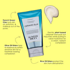Sunday Riley cleanser on bathroom shelf indicating daily routine use