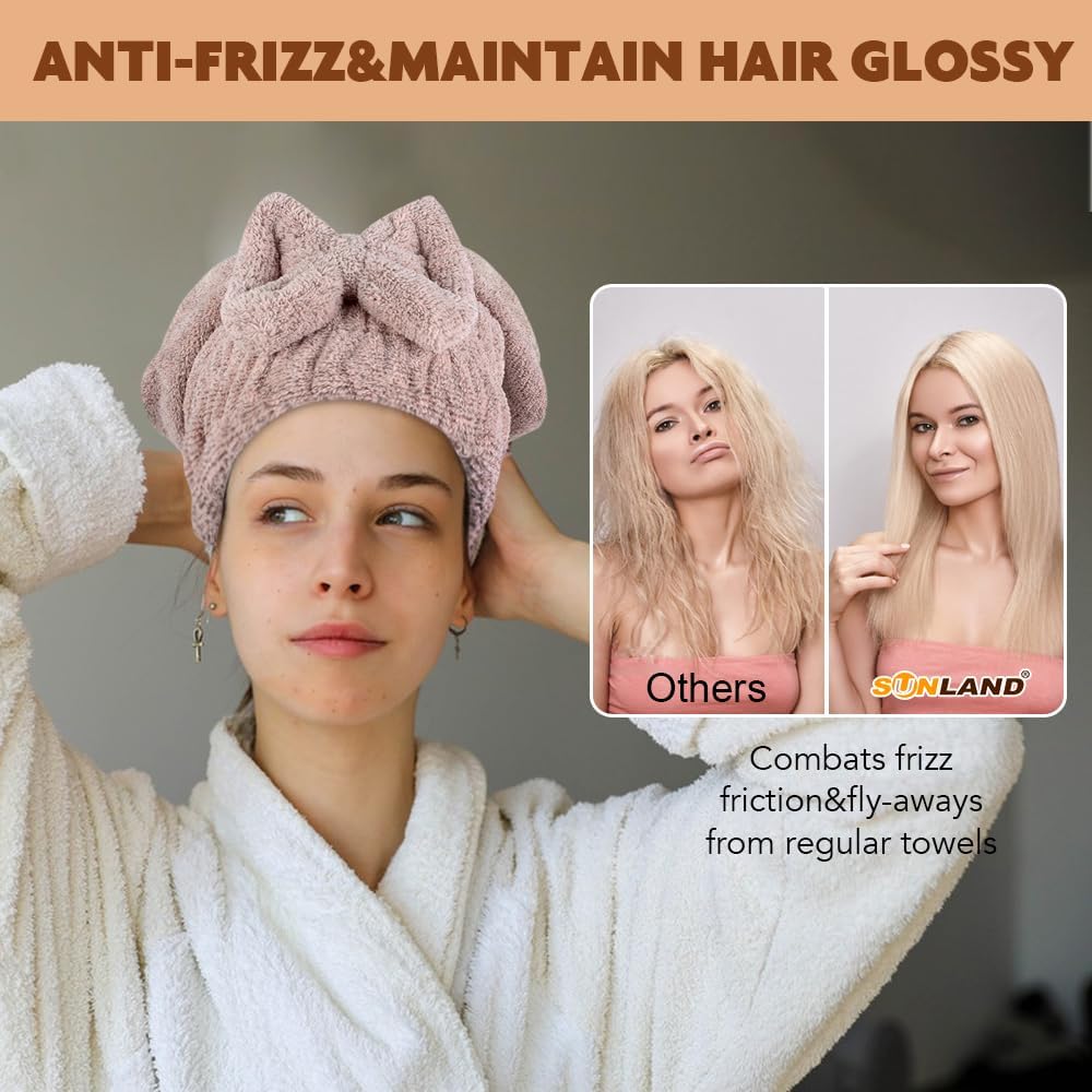 SUNLAND model wearing turban to show secure fit and gentle hold benefit
