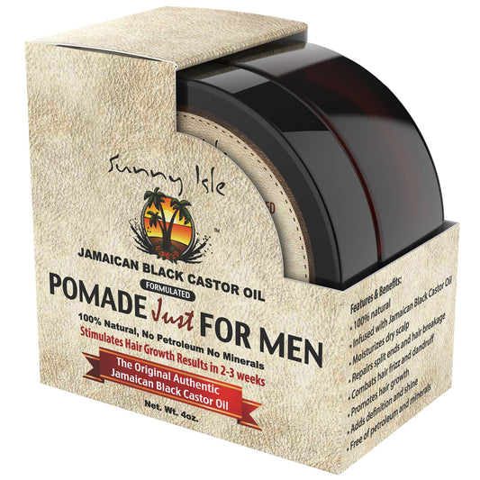 Sunny Isle pomade front jar showing lid and 4 oz label, displays easy-grip packaging for daily use
