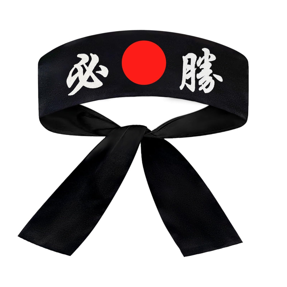 SUNRISE black Victory hachimaki front view showing length and shape for versatile use