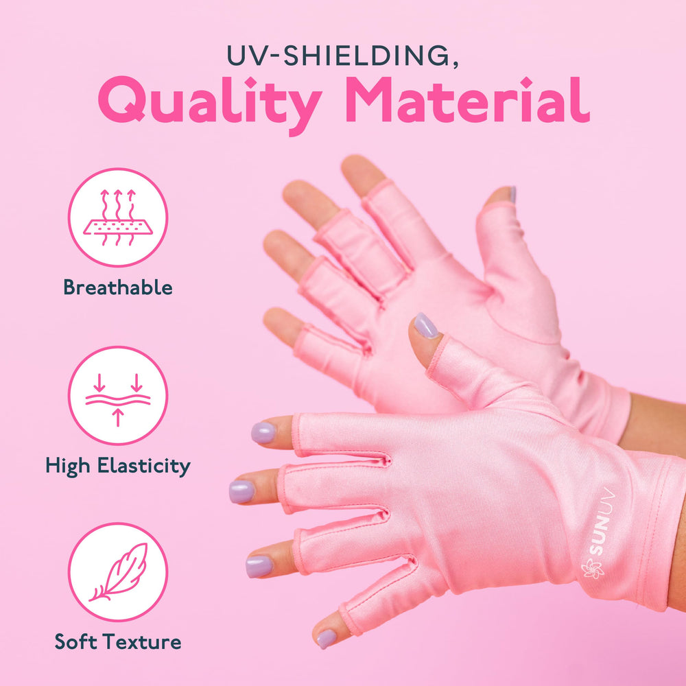 SUNUV gloves on hand for scale showing snug fit and forearm coverage