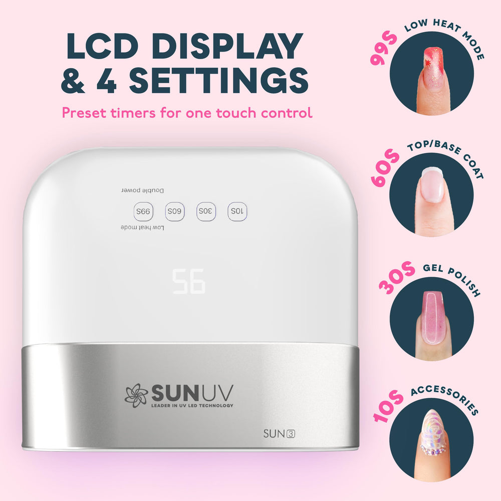 SUNUV SUN3 control panel closeup showing timer buttons and easy operation benefits