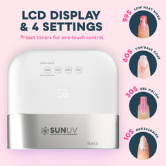 SUNUV SUN3 control panel closeup showing timer buttons and easy operation benefits