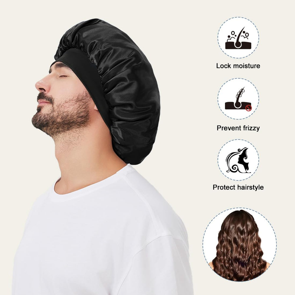 Supaze bonnet worn by person with curly hair demonstrating overnight protection