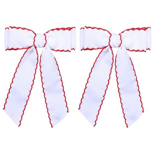 SUPCLIPS front view bow pair showing bold white and red contrast, bright accessory
