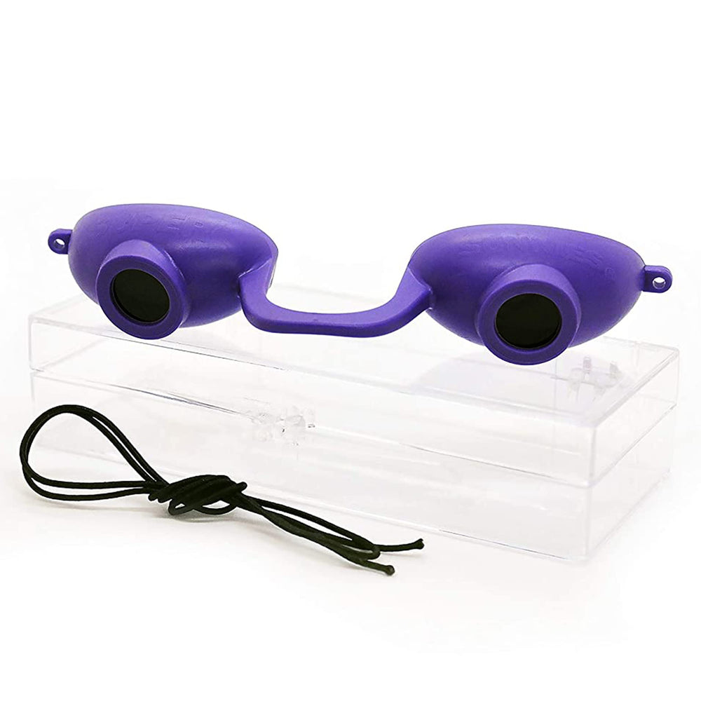 Super Sunnies front view purple goggles showing compact coverage and clean profile