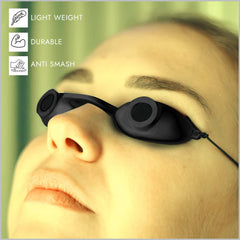 Super Sunnies in tanning bed scene showing proper placement and eye coverage benefit
