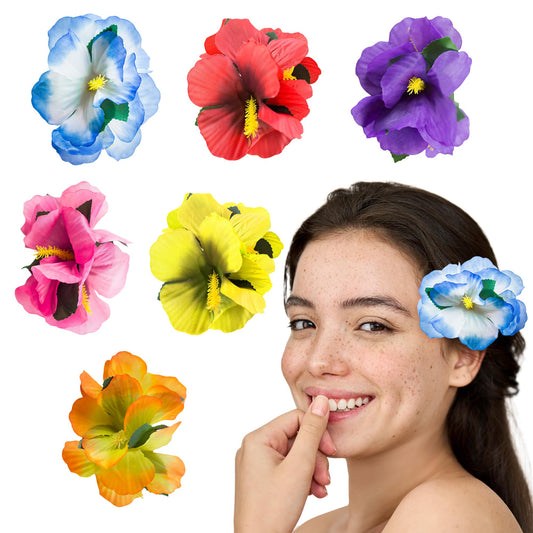 Super Z Outlet front pack view showing 12 colorful hibiscus clips, bright party-ready look