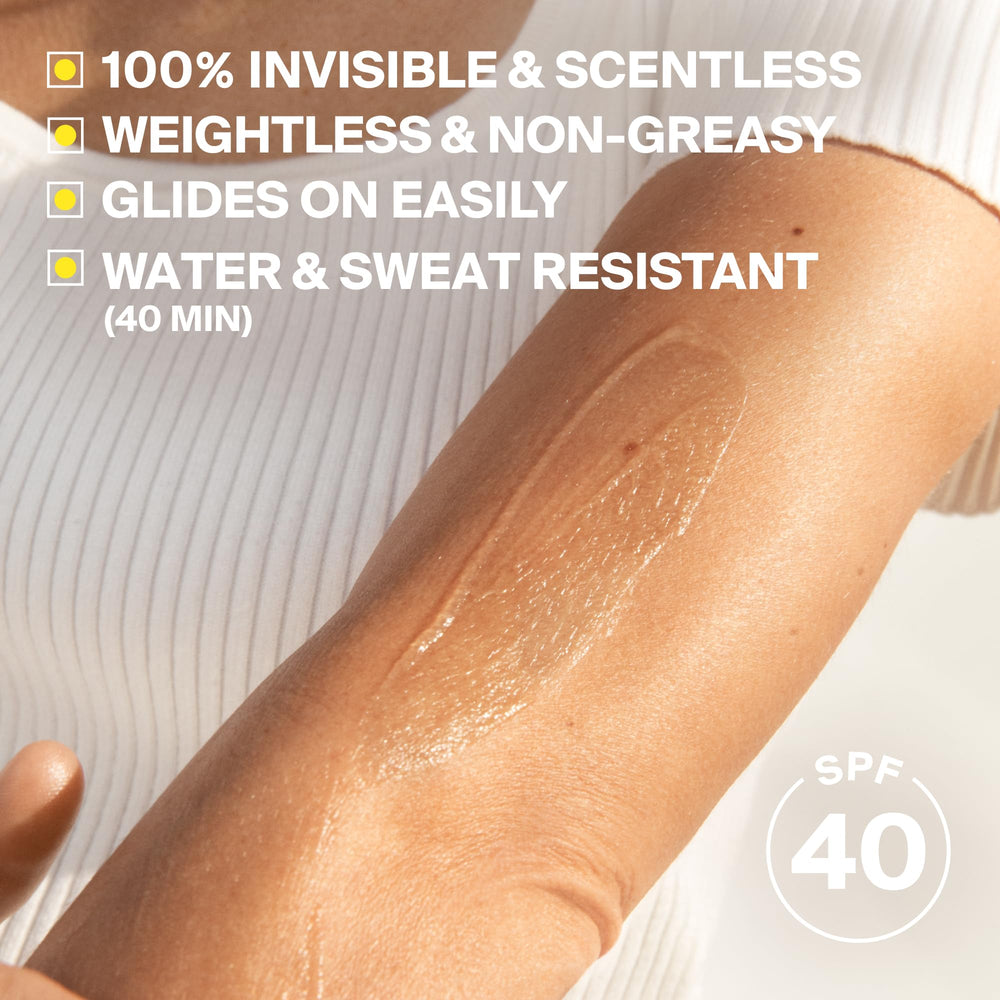 Supergoop! applying sunscreen to arm demonstrating even, invisible coverage benefit