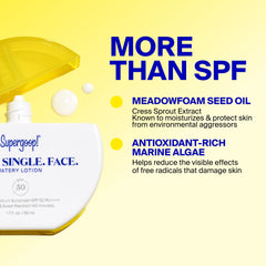 Supergoop! size comparison next to passport illustrating travel-friendly portability benefit