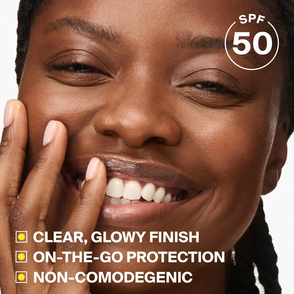 Supergoop! Glow Stick application on cheek demonstrating buildable glow and protection