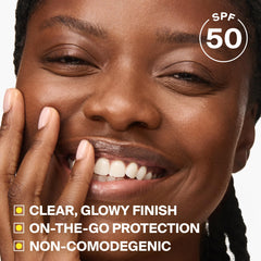Supergoop! Glow Stick application on cheek demonstrating buildable glow and protection