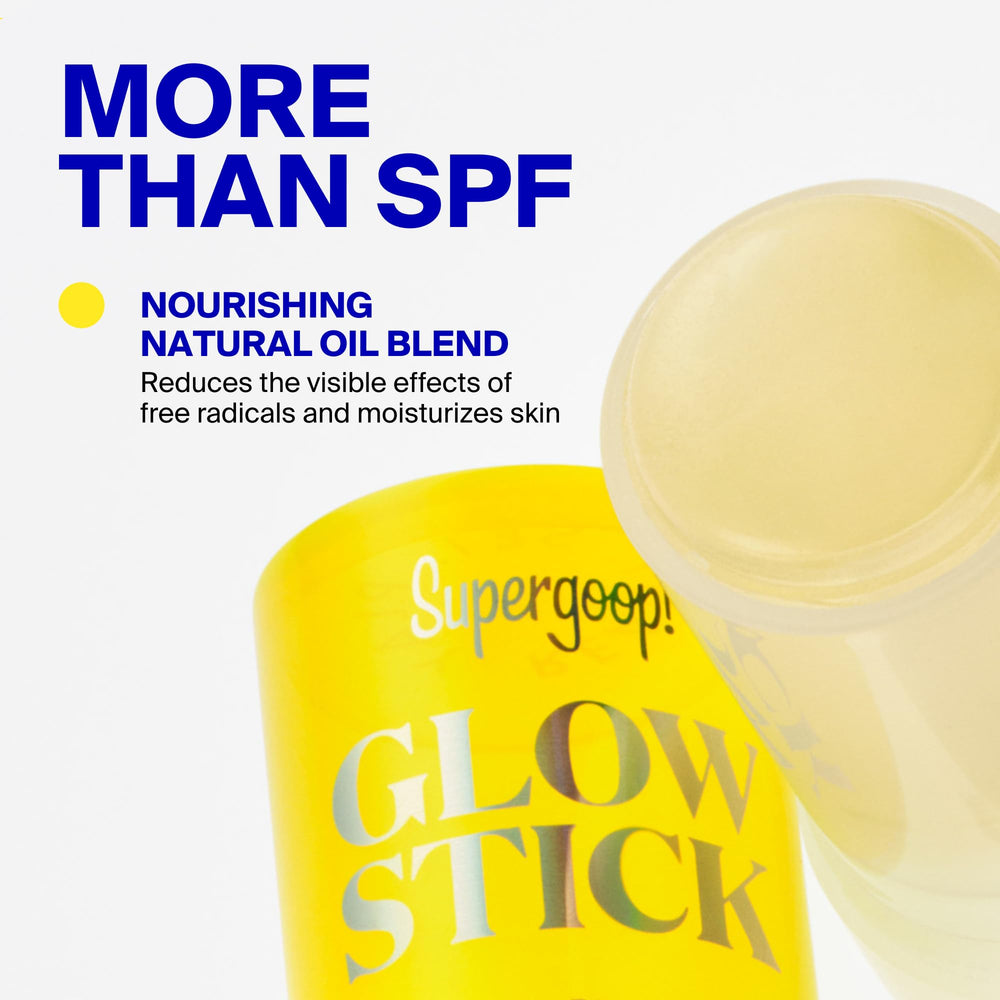 Supergoop! Glow Stick on chest and shoulder showing luminous highlight and sun coverage