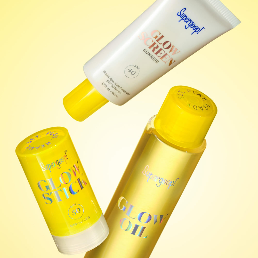 Supergoop! Glow Stick inside a small bag illustrating mess-free travel and easy reapplication