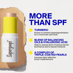 Supergoop! Glowscreen held in hand showing travel-friendly size and convenience