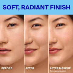 Supergoop! Glowscreen next to makeup showing layering compatibility benefit