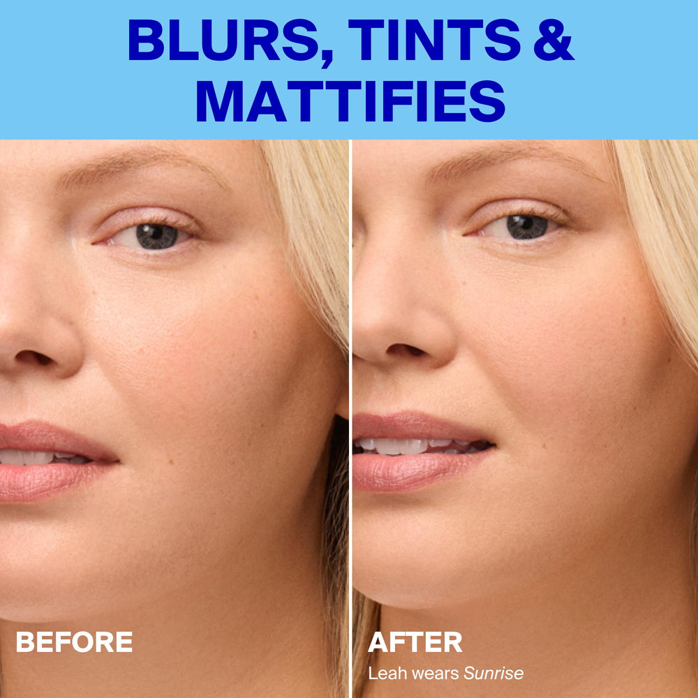 Supergoop! before and after showing minimized pores and matte finish