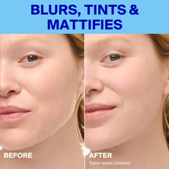Supergoop! before and after pores image showing reduced shine and smoother look