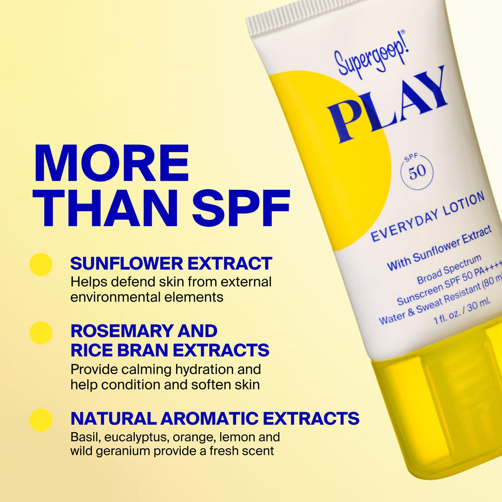 Supergoop! bottle beside beach bag and towel suggesting outdoor readiness